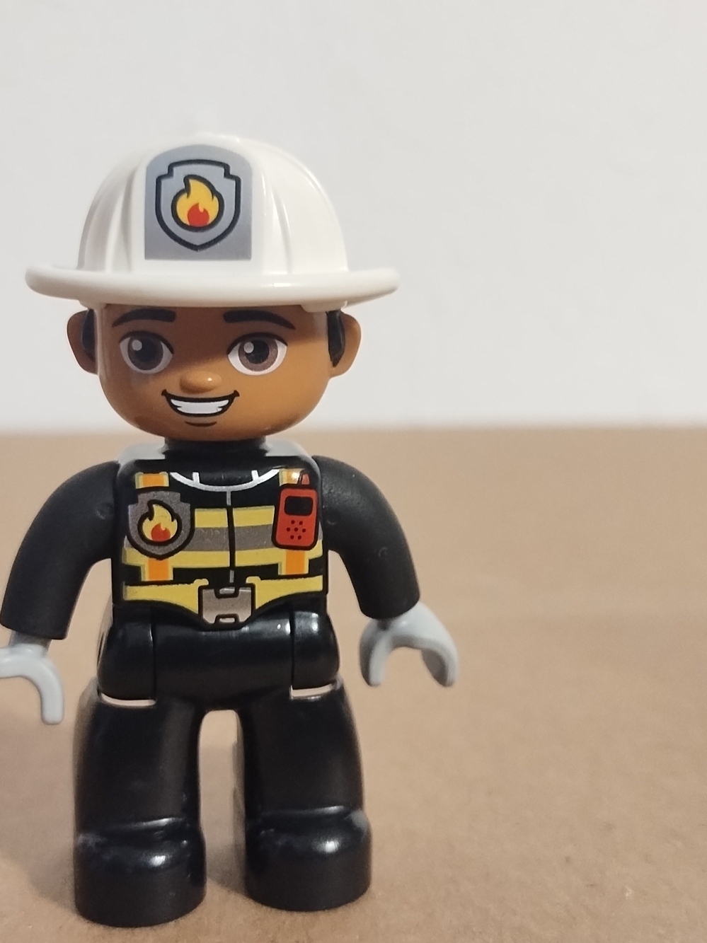 Lego Duplo Figure Fireman white hat (fire on hat) black uniform